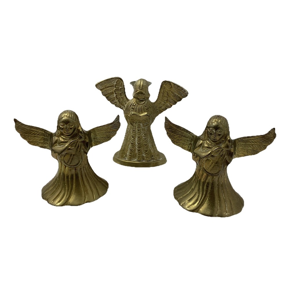 Vintage Set Of Three Angel Shaped Brass Candle Holders Holiday Decor MCM